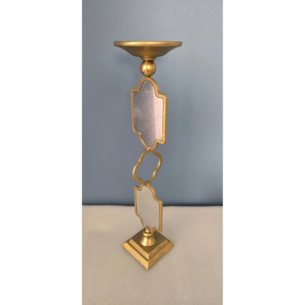 Gold Metal Pillar Candle Holder with Distressed Quatrefoil Mirrors 16.5 ch